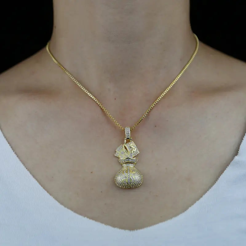 Luxury 925 Silvery Money Bag Pendant Necklace with Moissanite - 18K Gold Plated Plated,
