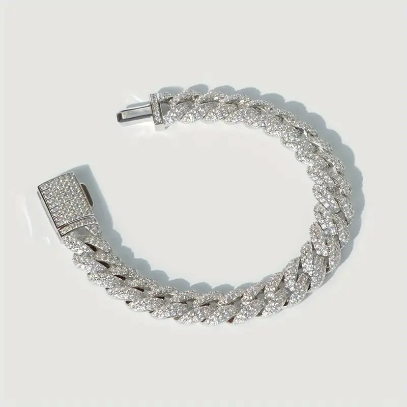 1pc Moissanite Cuban Chain Bracelet - Crafted from S925 Sterling Silver with Brilliant Moissanite Stones