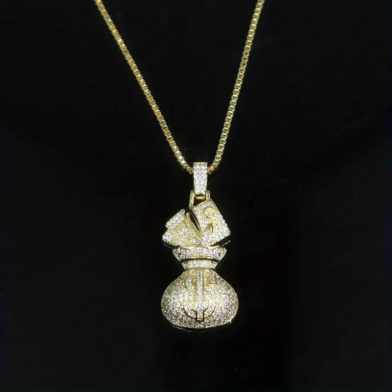 Luxury 925 Silvery Money Bag Pendant Necklace with Moissanite - 18K Gold Plated Plated,