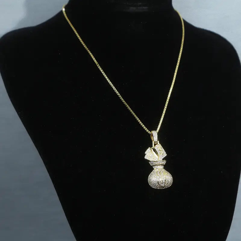 Luxury 925 Silvery Money Bag Pendant Necklace with Moissanite - 18K Gold Plated Plated,